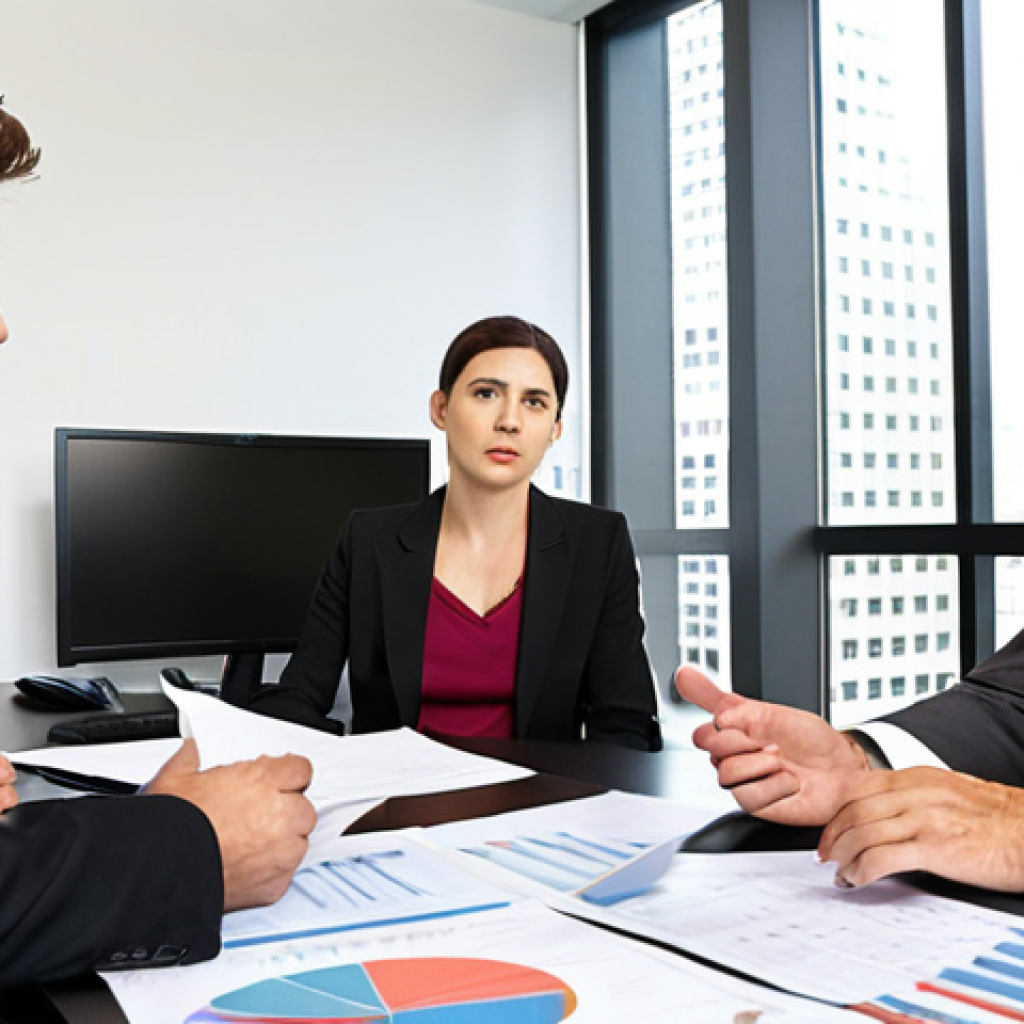**Prompt:** A bustling negotiation scene between labor representatives and company management in a modern office. Focus on the body language suggesting intense discussion, strategic document placement on the table, and a sense of high stakes. Include elements of industry data charts and legal documents subtly in the background. Depict a certified labor professional skillfully mediating, balancing interests, and employing effective communication techniques. Realism, detailed faces, professional attire, bright natural light. Style: realistic, corporate photography.