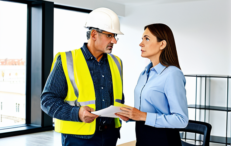 Labor Dispute Mediation**

"A mediator in a bright, modern office, facilitating a discussion between a businesswoman and a construction worker, all fully clothed in appropriate attire, safe for work, professional setting, perfect anatomy, natural proportions, high-quality image, constructive dialogue, family-friendly."

**