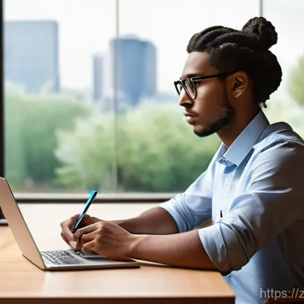 노동법 공부를 위한 유튜브 추천 - A focused young professional, perhaps in their late 20s or early 30s, is seated at a minimalist wood...