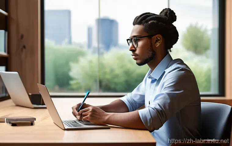 노동법 공부를 위한 유튜브 추천 - A focused young professional, perhaps in their late 20s or early 30s, is seated at a minimalist wood...