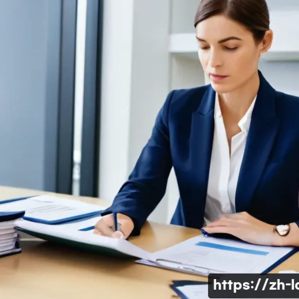 노무사와 기업 채용 절차 지원 - **Prompt:** A focused female HR professional, in her late 30s, wearing a smart navy blue blazer over...