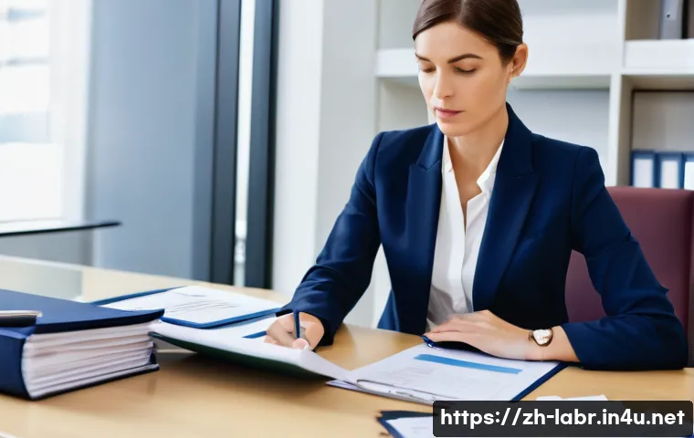 노무사와 기업 채용 절차 지원 - **Prompt:** A focused female HR professional, in her late 30s, wearing a smart navy blue blazer over...