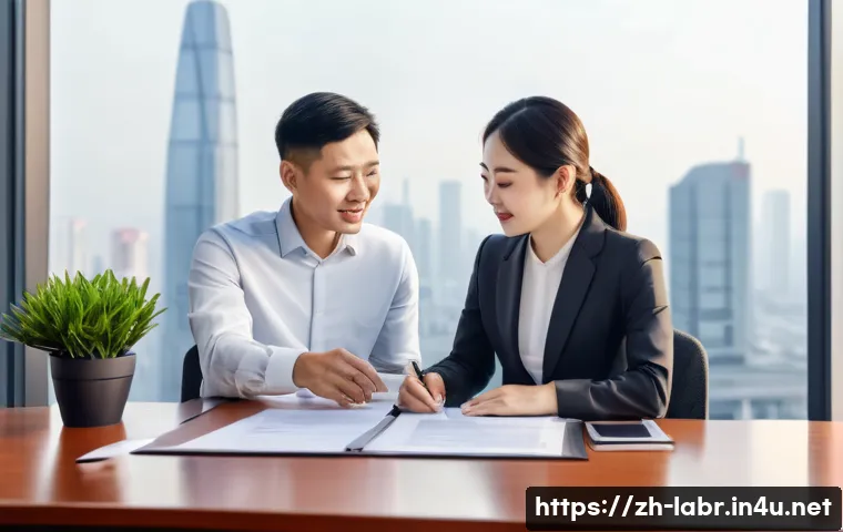 노무사와 근로계약 검토 사례 - A modern office scene featuring a professional Chinese HR manager and a young employee carefully rev...