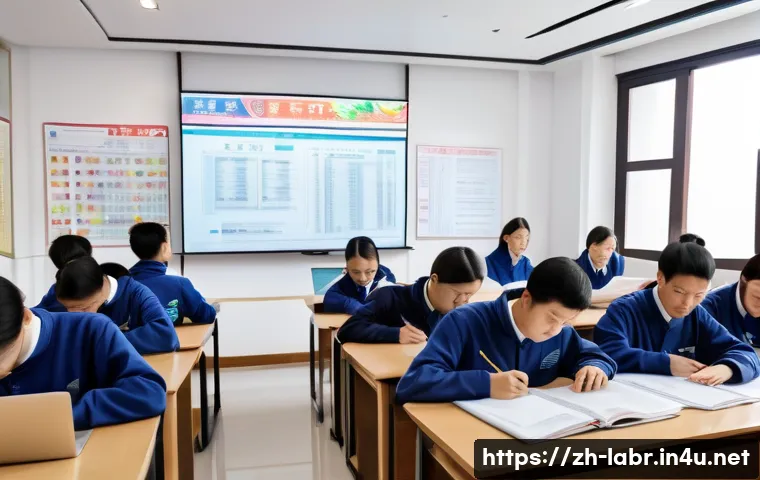 노무사 1차 과목 분석 - A modern classroom setting in China with young adult students attentively studying labor law and soc...