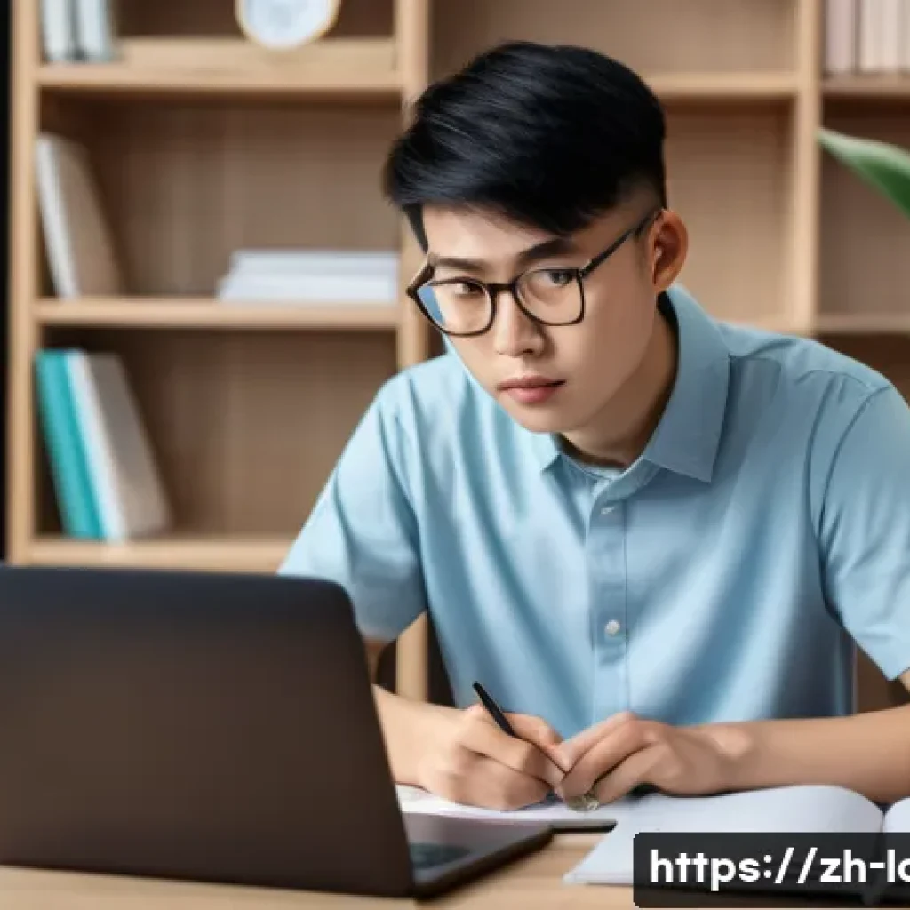 공인노무사 자격증 취득 후기 - A focused young adult Chinese student studying at a modern desk surrounded by organized textbooks an...