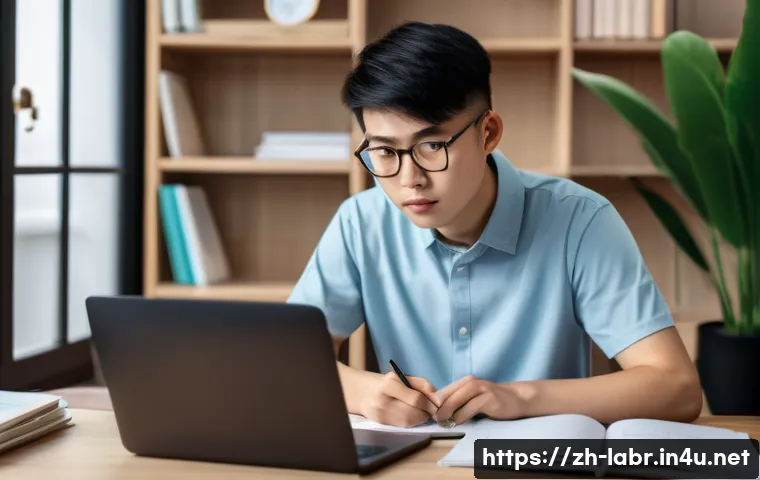 공인노무사 자격증 취득 후기 - A focused young adult Chinese student studying at a modern desk surrounded by organized textbooks an...