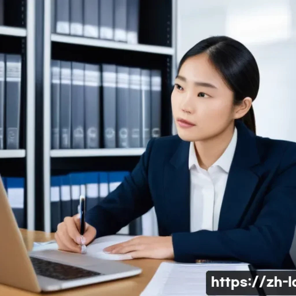 노무사 시험 기출문제 분석 - A professional office scene showing a confident young Asian woman in business attire sitting at a de...