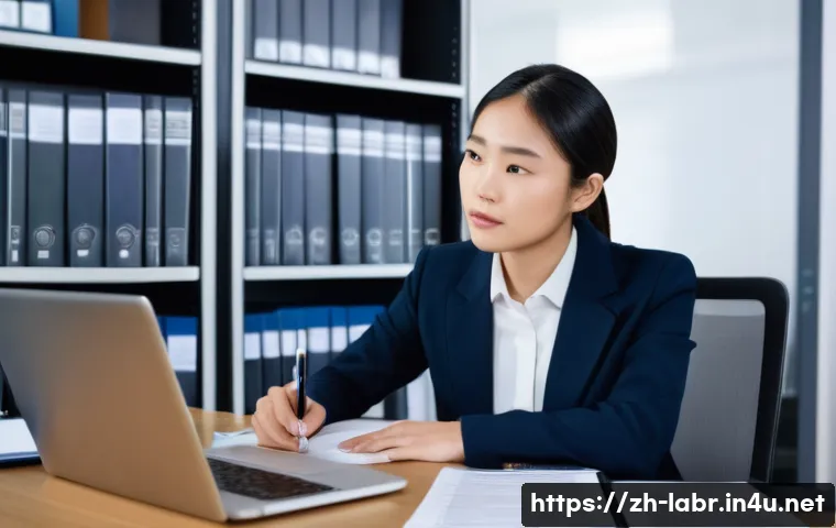 노무사 시험 기출문제 분석 - A professional office scene showing a confident young Asian woman in business attire sitting at a de...