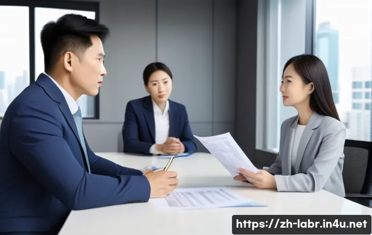 노무사로 일하면서 느끼는 보람 - A modern office scene depicting a professional labor relations specialist mediating a dispute betwee...