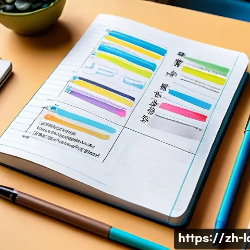 노무사 시험을 위한 효과적인 노트 작성법 - A modern study desk scene featuring a well-organized notebook with colorful headings and hierarchica...
