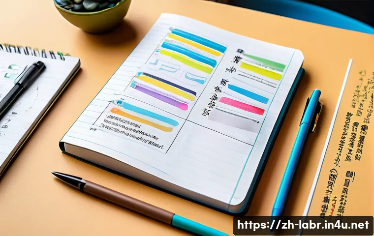 노무사 시험을 위한 효과적인 노트 작성법 - A modern study desk scene featuring a well-organized notebook with colorful headings and hierarchica...