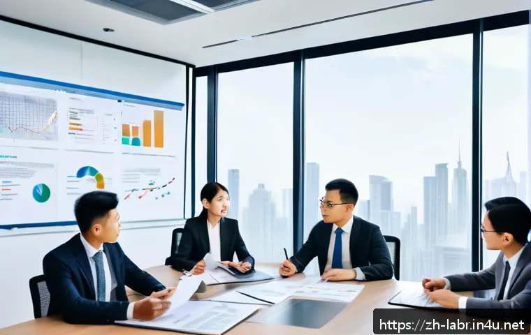 노동법 판례 공부법 - A modern office scene showing a diverse group of professional adults in business attire discussing l...