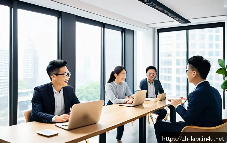 공인노무사 커뮤니티 활용법 - A modern Chinese professional community scene showing diverse people actively engaging in online dis...