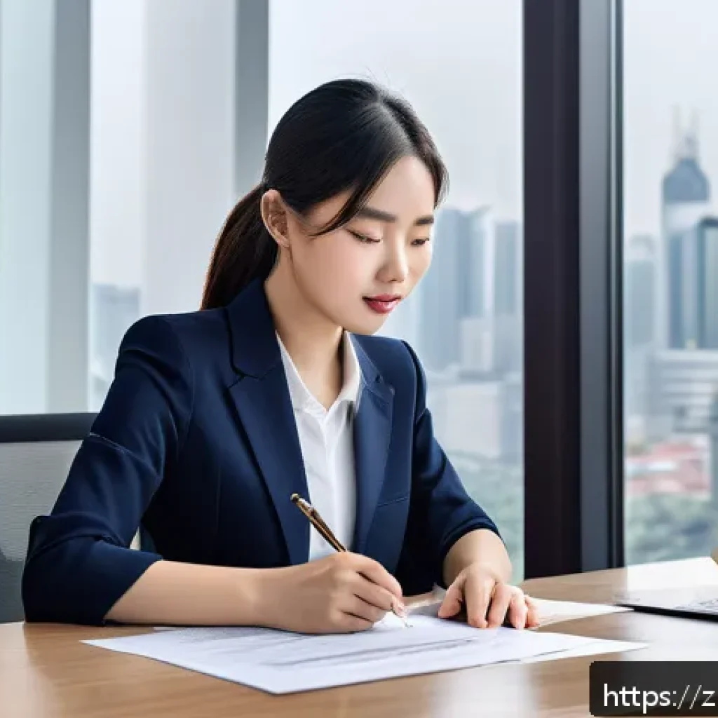 노동법과 노무사의 현실적인 조언 - A modern Chinese office scene showing a young professional woman carefully reviewing a labor contrac...