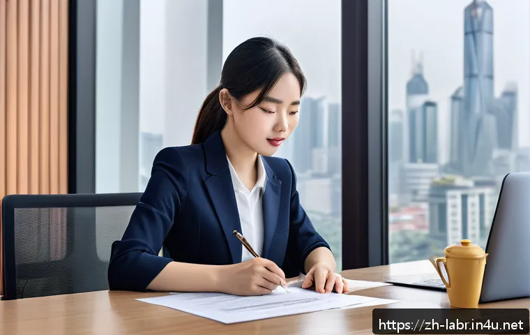 노동법과 노무사의 현실적인 조언 - A modern Chinese office scene showing a young professional woman carefully reviewing a labor contrac...