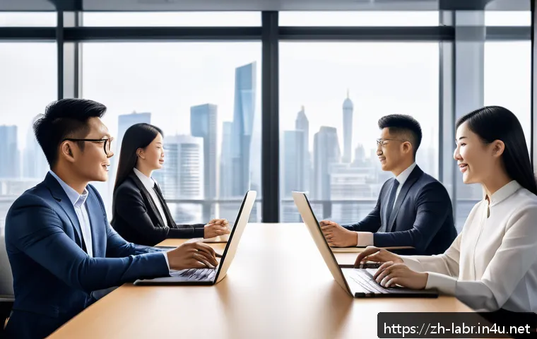 노무사 시험의 기출 경향 변화 - A modern office scene depicting a diverse group of professionals engaged in a remote work meeting vi...