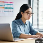 공인노무사로서의 시간 관리 비법 - A modern office scene showing a focused young Chinese professional woman sitting at a clean desk wit...