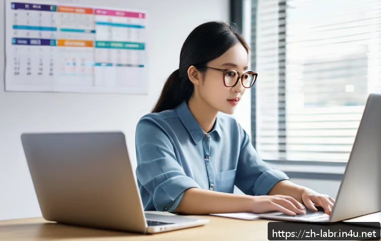 공인노무사로서의 시간 관리 비법 - A modern office scene showing a focused young Chinese professional woman sitting at a clean desk wit...
