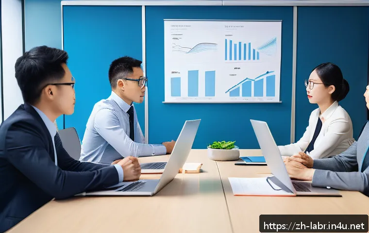 노무사 실무에서의 갈등 해결 사례 - A modern office scene showing two diverse professional teams from different departments engaged in a...