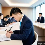 노무사로서의 법률 자문 사례 - A modern Chinese office scene showing a diverse group of professional employees signing detailed lab...
