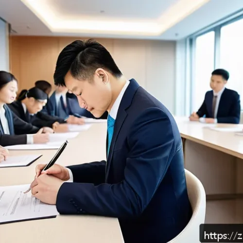 노무사로서의 법률 자문 사례 - A modern Chinese office scene showing a diverse group of professional employees signing detailed lab...