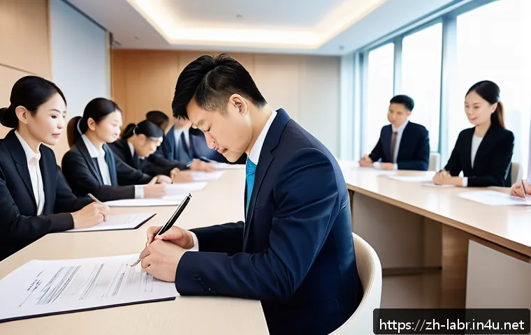노무사로서의 법률 자문 사례 - A modern Chinese office scene showing a diverse group of professional employees signing detailed lab...