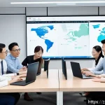 노무사의 팀워크와 협업 사례 - A modern Chinese office environment showing a diverse team of professionals collaborating around a l...